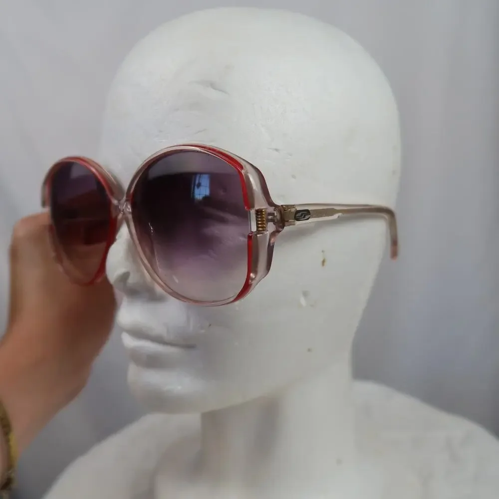 Vintage 80s Clear and Red Large Bug Eye Frame Sunglasses Ombre Lens